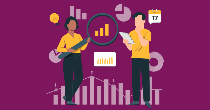 Ilustração de duas pessoas analisando gráficos e dados em um fundo roxo. Ambos focados em gráficos de barras e de pizza que representam análise de dados. Ícones de calendário, gráficos e uma lâmpada estão ao redor.