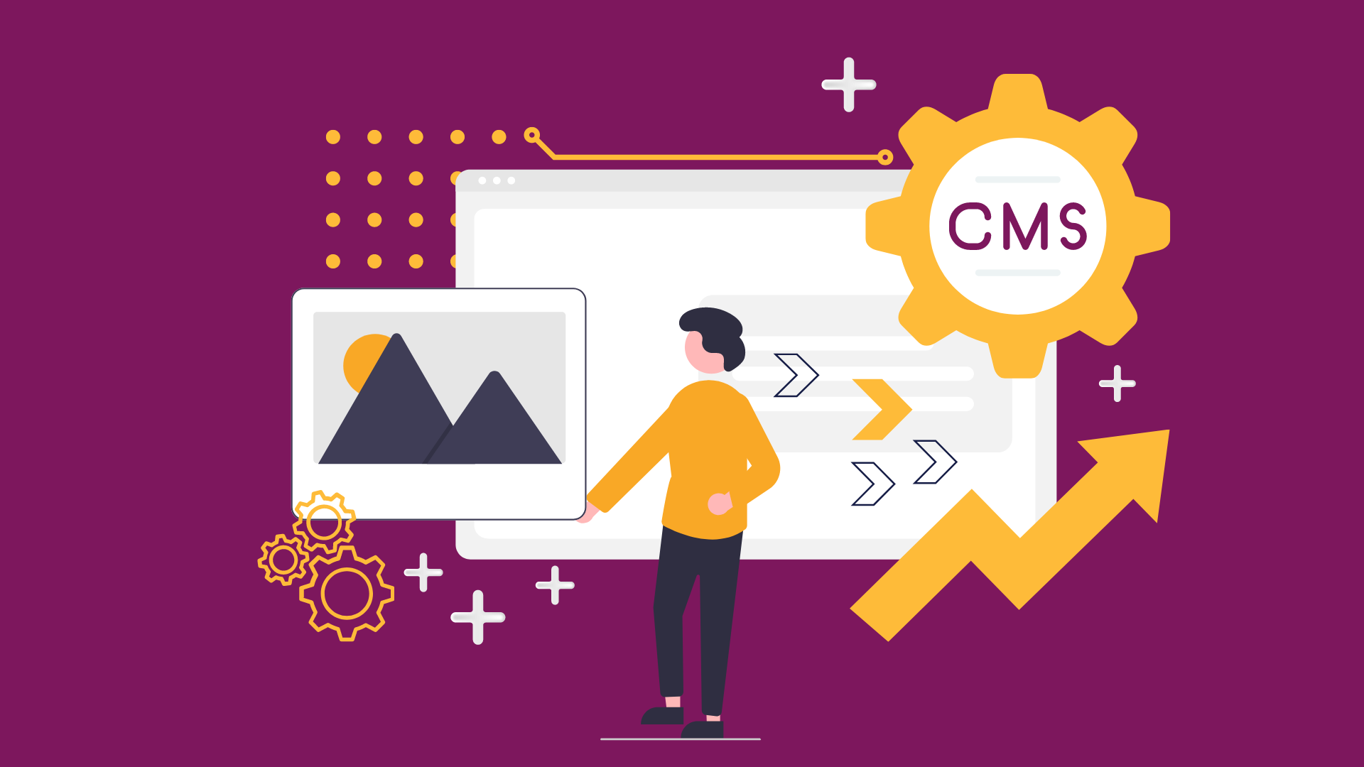 Ilustração de uma pessoa interagindo com elementos visuais de um CMS. A imagem inclui uma engrenagem com a sigla 'CMS', setas, gráficos e ícones que representam a otimização de conteúdo e o aumento da performance digital.