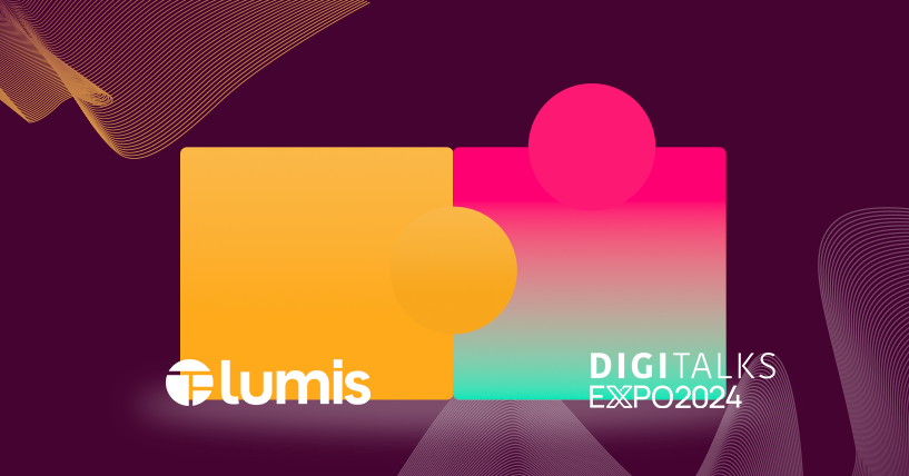 Banner da Lumis para o Digitalks Expo 2024, com design abstrato em tons de laranja e rosa sobre fundo roxo. Inclui o logotipo da Lumis e a inscrição 'Digitalks Expo 2024', destacando a participação da empresa no evento.