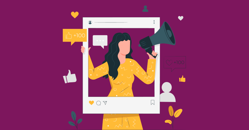 Ilustração de mulher segurando uma moldura de postagem de rede social, com um megafone na mão e ícones de curtidas e comentários ao redor, simbolizando engajamento e marketing digital.