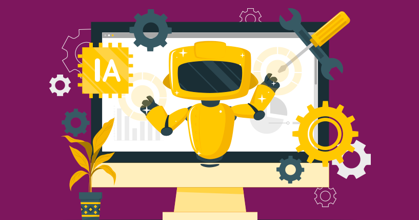 Ilustração de um robô amarelo emergindo de uma tela de computador, cercado por engrenagens, ferramentas e ícones de Inteligência Artificial (IA), simbolizando a automação e integração digital. O fundo é roxo, com uma planta decorativa no canto.