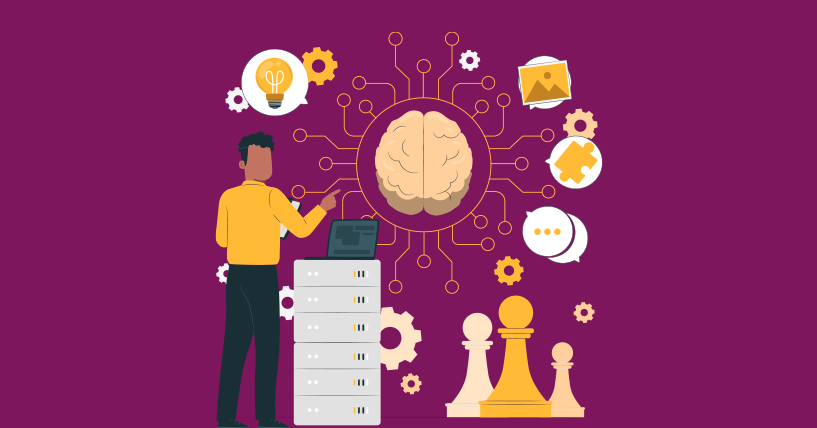 Fundo roxo, ilustração de um homem em pé, ao centro uma imagem de cérebro representando a Inteligência Artificial, com ícones em volta