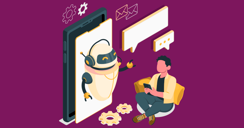 Ilustração de um robô saindo de uma tela de smartphone, representando um assistente virtual. Um homem sentado em uma poltrona interage com o robô, simbolizando o uso da IA na experiência do cliente, com ícones de mensagens ao fundo