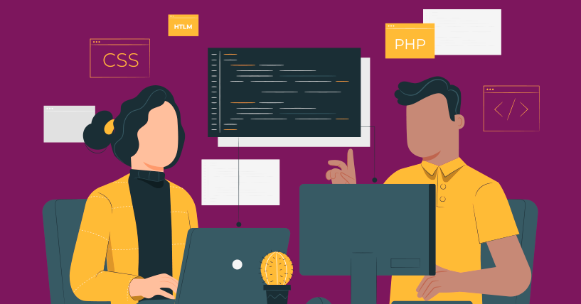 Ilustração de duas pessoas colaborando em um ambiente de desenvolvimento, com telas de computador e elementos visuais de programação como CSS, HTML e PHP em destaque.