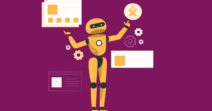 Ilustração de um robô amarelo com interfaces de dados ao seu redor, simbolizando o uso da Inteligência Artificial no LumisXP 17. O robô está cercado por engrenagens e gráficos, representando automação e análise de dados.