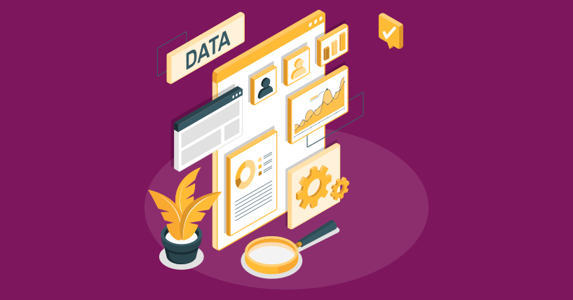 Ilustração de elementos gráficos representando análise de dados, com gráficos, engrenagens e ícones de usuários, destacando gestão e visualização de informações digitais em um fundo roxo