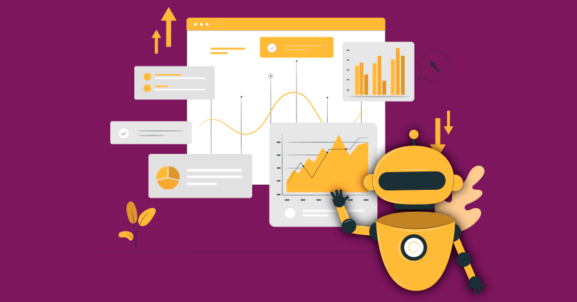 Ilustração com gráficos de dados e um robô amarelo, representando o uso de inteligência artificial para análise de dados e insights de crescimento em um fundo roxo.